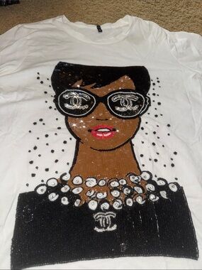 Sequin Graphic Tee with Chanel Portrait